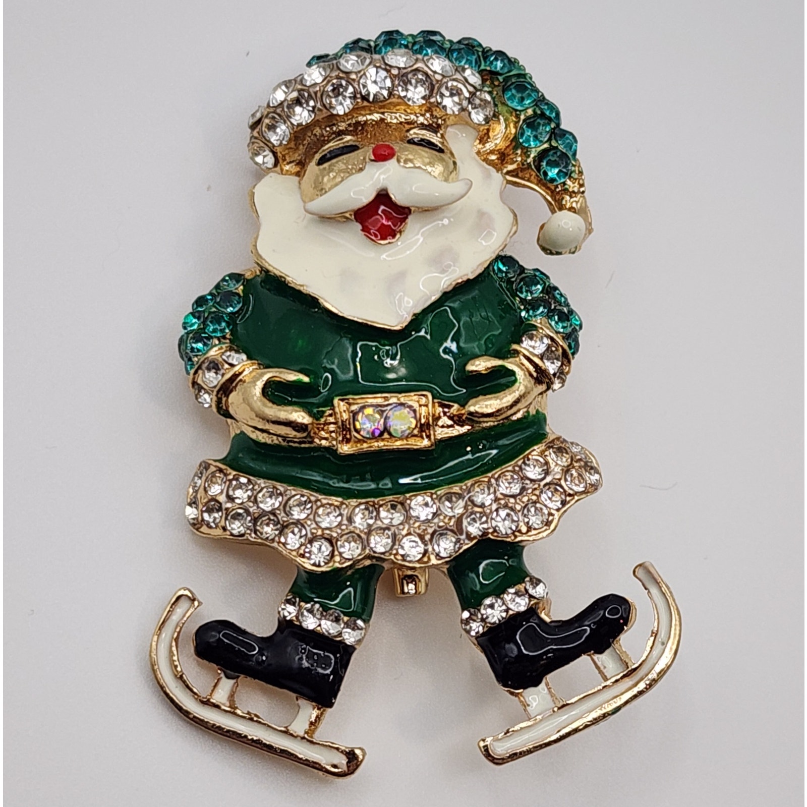 Santa On Ice Skates Christmas Brooch Rhinestones Enamel Green Suit